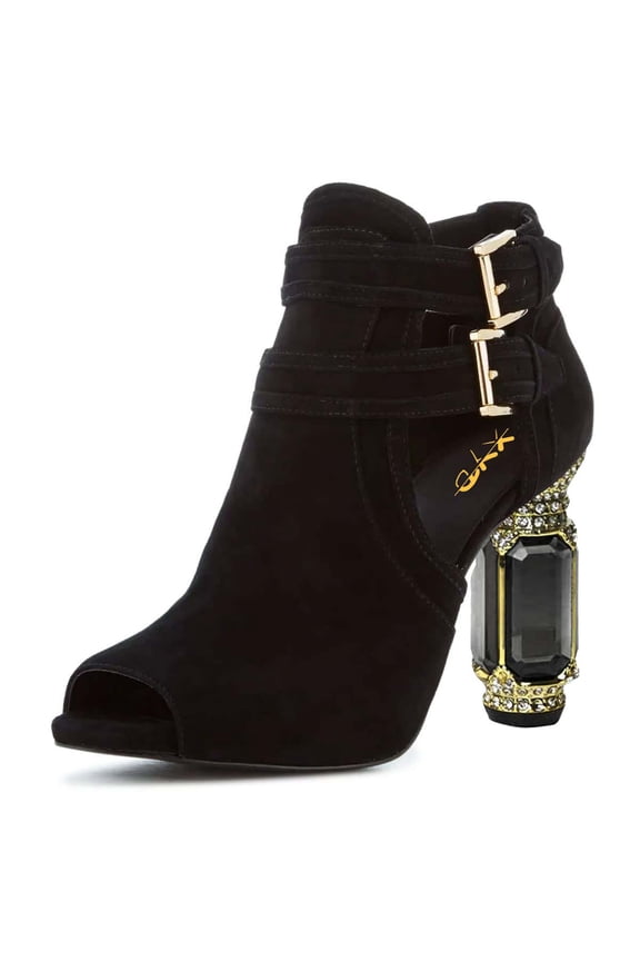 Women Fashion Peep Toe Ankle Booties Crystal Block Heels Double Buckle Strap Cut-out Pumps Chic Dressy Shoes Size 4 Black