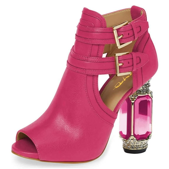 XYD Women Fashion Peep Toe Ankle Booties Crystal Block Heels Double Buckle Strap Cut-out Pumps Chic Dressy Shoes Size 7.5 Fuchsia