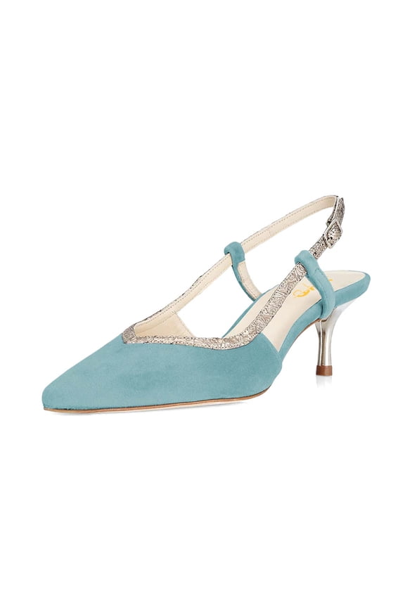 Women Fashion Pointed Closed Toe Pumps Kitten Low Heels Slingback Dressy Wedding Prom Comfy Shoes Size 5 Sky Blue