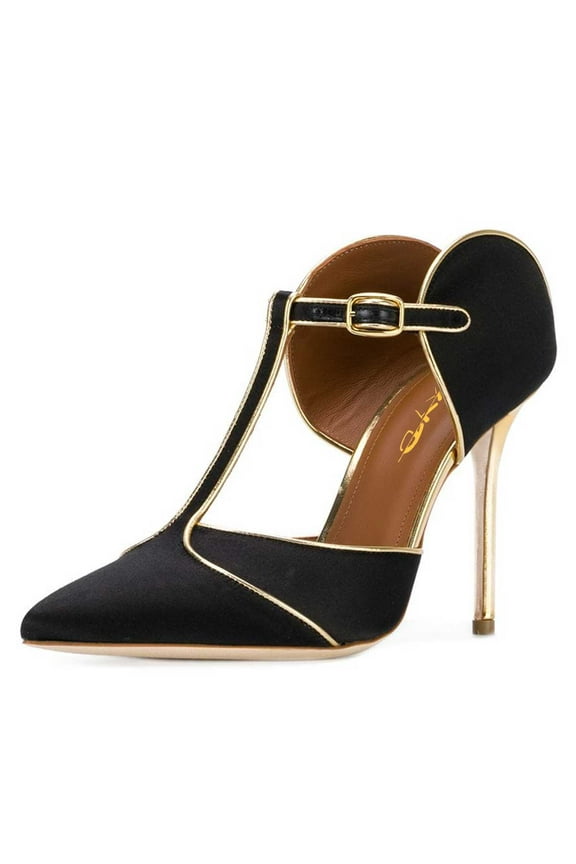 Women Fashion Pointed Toe Stiletto High Heel Pumps T-Strap Buckle Backless Slip On Mule Sandals Dress Shoes Size 11.5 Black