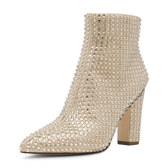 XYD Women Fashion Rhinestone Ankle Booties Sturdy Block Heel Side Zipper Pointed Toe Short Boots Party Shoes Size 10.5 Gold