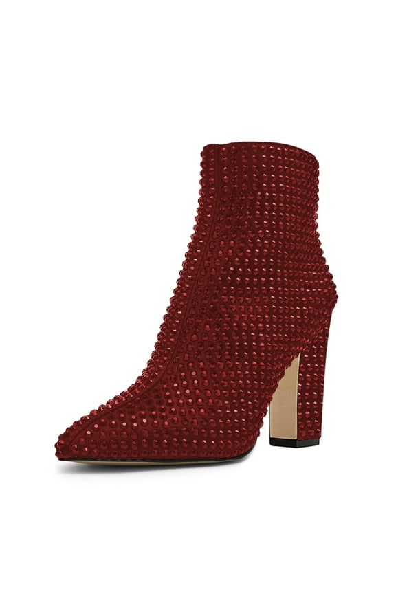 Women Fashion Rhinestone Ankle Booties Sturdy Block Heel Side Zipper Pointed Toe Short Boots Party Shoes Size 9 Red