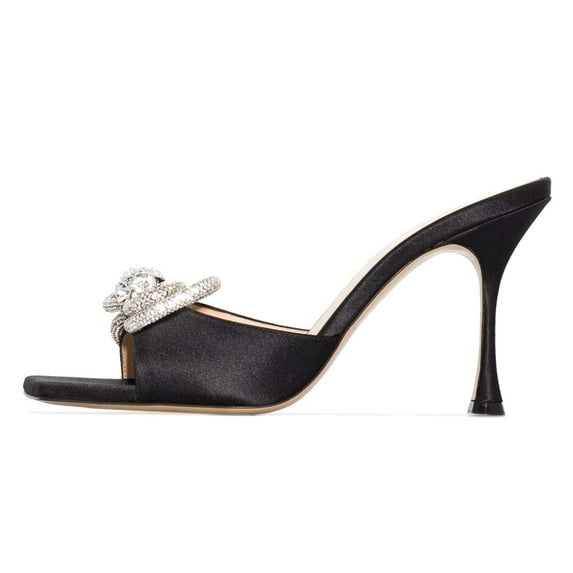 XYD Women Fashion Rhinestones Bows Square Open Toe Sandals High Spool Heel Mules Slip On Party Shoes Size 4.5 Black