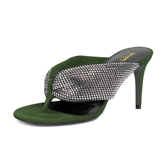 XYD Women Fashion Rhinestones Studded Band Flip Flops High Heel Open Toe Thong Sandals Dressy Party Shoes Size 13 Green