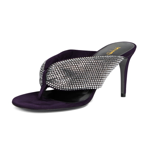 XYD Women Fashion Rhinestones Studded Band Flip Flops High Heel Open Toe Thong Sandals Dressy Party Shoes Size 8 Purple