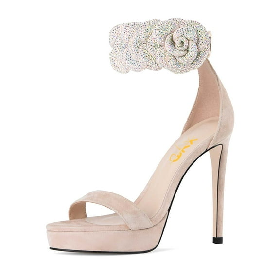 XYD Women Fashion Single Strap Open Toe Platform Sandals Flower Rhinestone Ankle with Buckle Stiletto High Heels Shoes Size 7 Blanched Almond