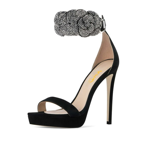 XYD Women Fashion Single Strap Open Toe Platform Sandals Flower Rhinestone Ankle with Buckle Stiletto High Heels Shoes Size 9 Black