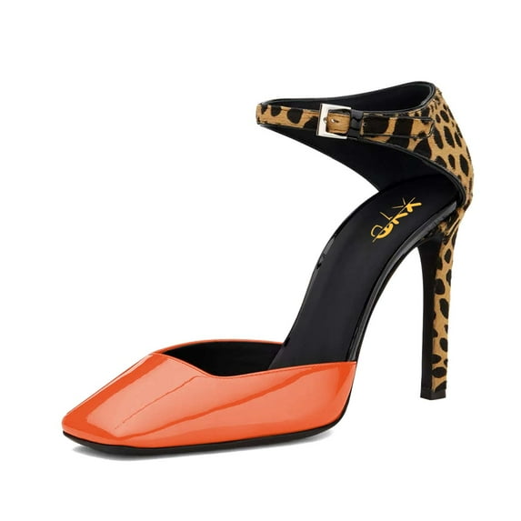 XYD Women Fashion Square Close Toe Pumps Ankle Strap D'Orsay Leopard Print Stiletto High Heel Sandals Club Event Shoes Size 13.5 Orange