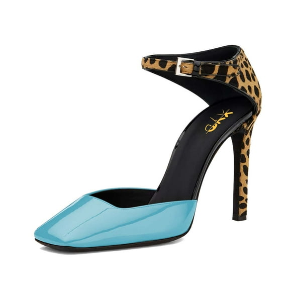 XYD Women Fashion Square Close Toe Pumps Ankle Strap D'Orsay Leopard Print Stiletto High Heel Sandals Club Event Shoes Size 14 Blue