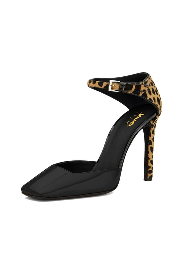 Women Fashion Square Close Toe Pumps Ankle Strap D'Orsay Leopard Print Stiletto High Heel Sandals Club Event Shoes Size 16 Black