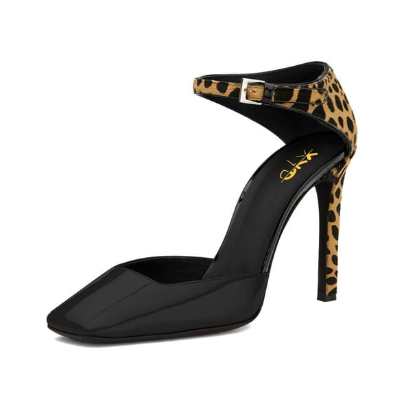 XYD Women Fashion Square Close Toe Pumps Ankle Strap D'Orsay Leopard Print Stiletto High Heel Sandals Club Event Shoes Size 8.5 Black