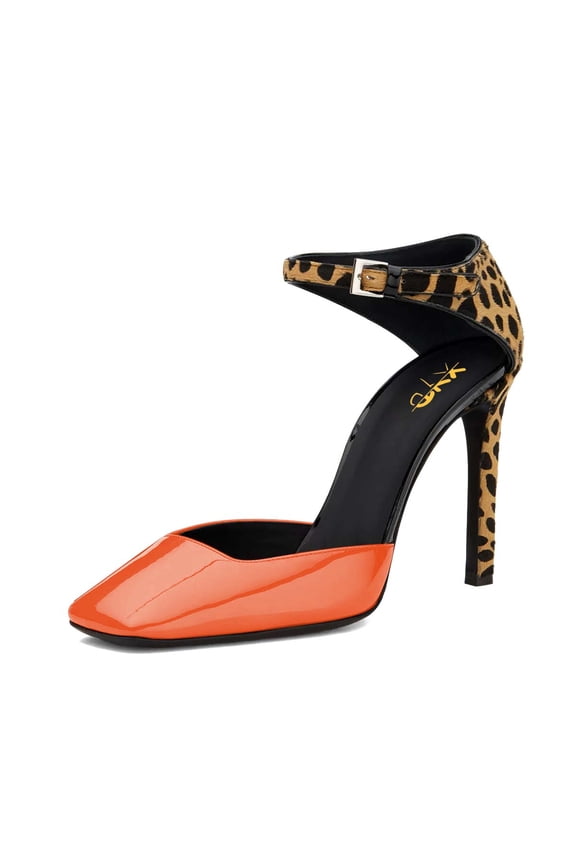 Women Fashion Square Close Toe Pumps Ankle Strap D'Orsay Leopard Print Stiletto High Heel Sandals Club Event Shoes Size 9 Orange