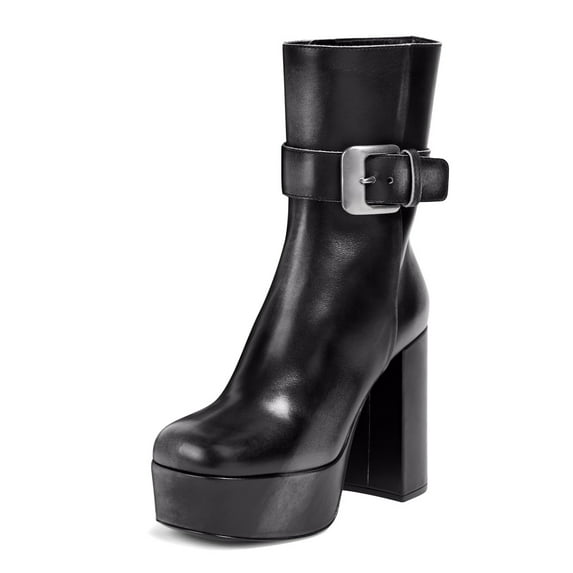 XYD Women Fashion Square Toe Ankle Boots Metal Buckle Strap Chunky Platform Heel Zip-up Boots Chic Shoes Size 12 Black Glossy