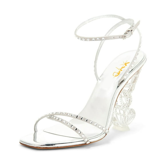 XYD Women Open Toe Sandals Glitter Rhinestone Butterfly Wing Wedge Heels Ankle Strap Bridal Prom Shoes Size 7 Silver