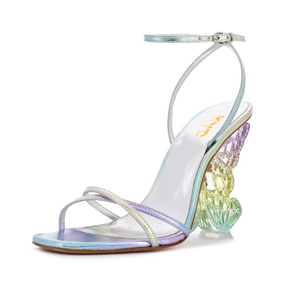XYD Women Open Toe Sandals Glitter Rhinestone Butterfly Wing Wedge Heels Ankle Strap Bridal Prom Shoes Size 9 Multicolor