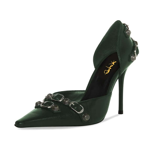 XYD Women Fashion Stiletto High Heels D'Orsay Pumps Closed Pointed Toe Studs Buckles Night Club Party Shoes Size 11.5 Green