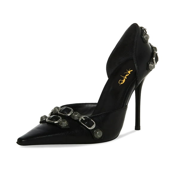XYD Women Fashion Stiletto High Heels D'Orsay Pumps Closed Pointed Toe Studs Buckles Night Club Party Shoes Size 7.5 Black