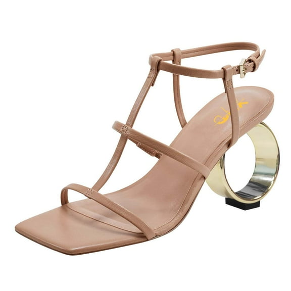 XYD Women Fashion Strappy Sandals Metal Circular Block High Heels Square Open Toe Pumps Party Club Shoes Size 11.5 Nude