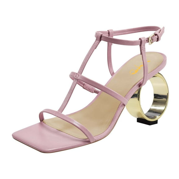 XYD Women Fashion Strappy Sandals Metal Circular Block High Heels Square Open Toe Pumps Party Club Shoes Size 9 Pink