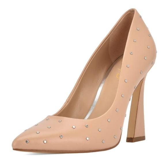 XYD Women Fashion Studs Pointed Closed Toe Slip On Pumps Block High Heels Office Event Party Shoes Size 16 Nude