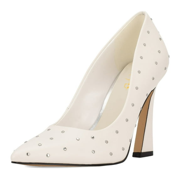 XYD Women Fashion Studs Pointed Closed Toe Slip On Pumps Block High Heels Office Event Party Shoes Size 6.5 White