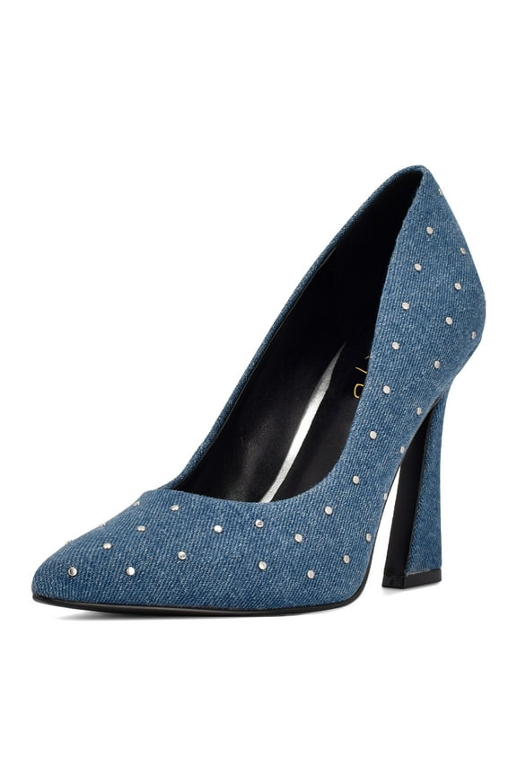 Women Fashion Studs Pointed Closed Toe Slip On Pumps Block High Heels Office Event Party Shoes Size 7 Blue