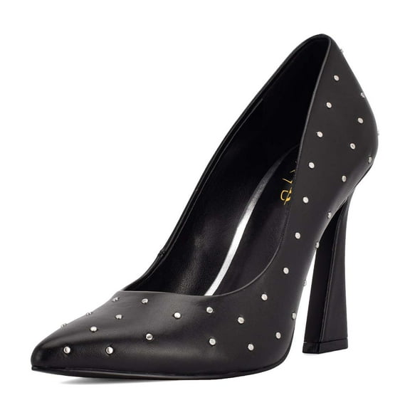 XYD Women Fashion Studs Pointed Closed Toe Slip On Pumps Block High Heels Office Event Party Shoes Size 9.5 Black