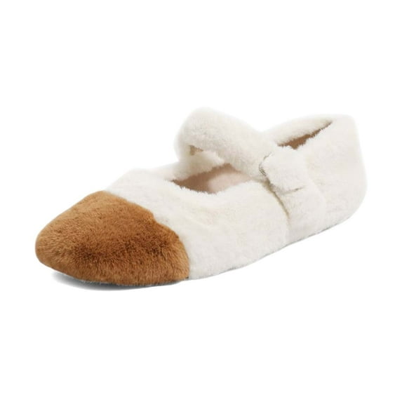 XYD Women Fur Square Closed Toe Mary Jane Flats Ankle Buckled Single Strap Outdoor Cozy Lady Warm Shoes Size 4.5 Brown