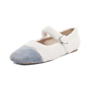 XYD Women Fur Square Closed Toe Mary Jane Flats Ankle Buckled Single Strap Outdoor Cozy Lady Warm Shoes Size 5 Gray