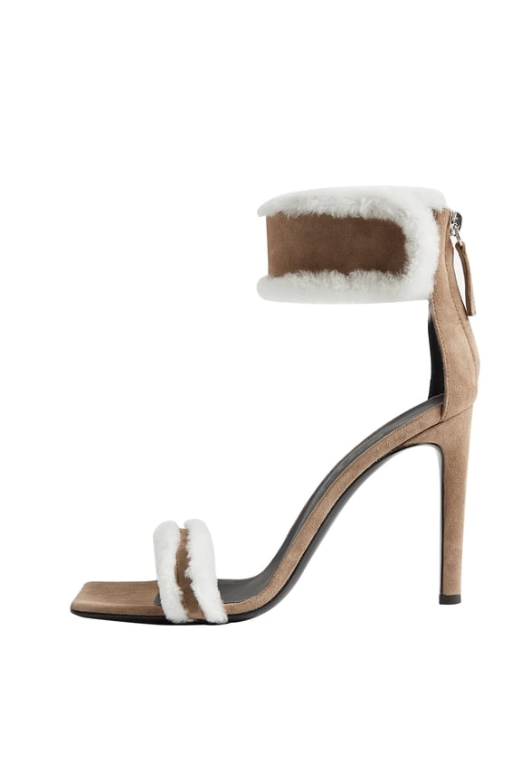 Women Gaceful Ankle Strap Square Open Toe Sandals Stiletto High Heel Back Zipper Party Fuzzy Dressy Shoes Size 10 Tan