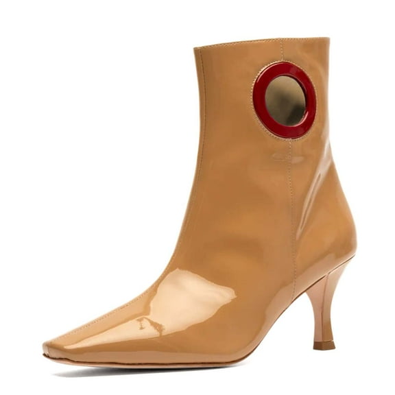 XYD Women Glossy Kitten Low Heel Ankle Boots Hole Patent Leather Square Closed Toe Booties Side Zipper Shoes Size 8.5 Tan