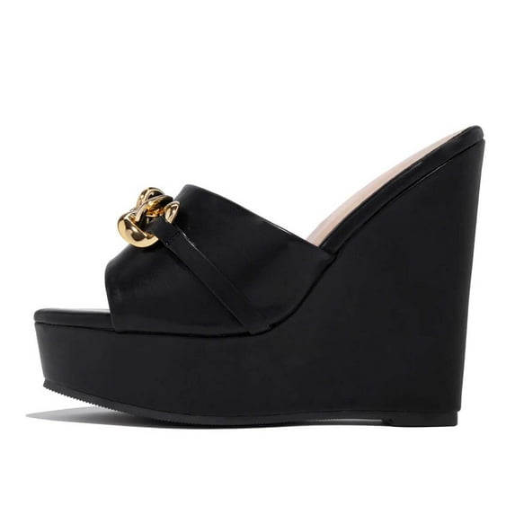XYD Women Gold Chain Wedge Platform High Heel Mule Slides Slip On Open Toe Sandals Party Wedding Dress Shoes Size 16 Black