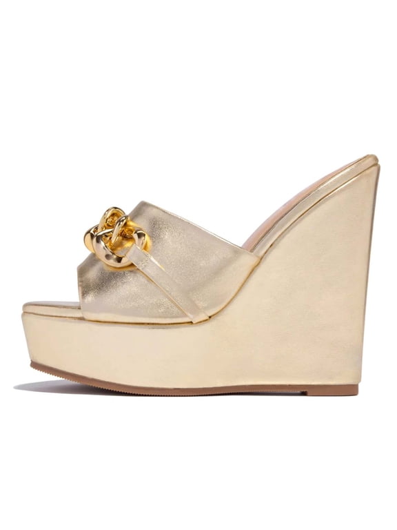 Women Gold Chain Wedge Platform High Heel Mule Slides Slip On Open Toe Sandals Party Wedding Dress Shoes Size 16 Gold