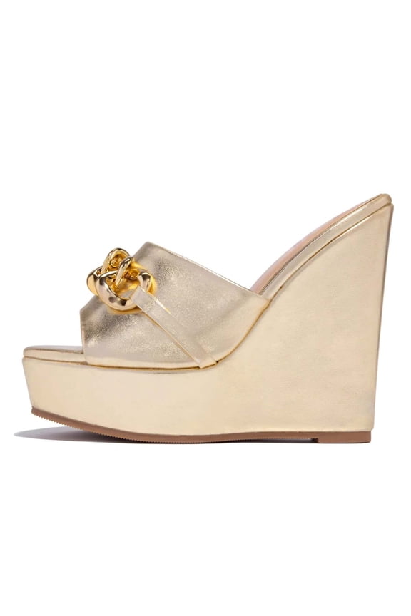 Women Gold Chain Wedge Platform High Heel Mule Slides Slip On Open Toe Sandals Party Wedding Dress Shoes Size 16 Gold