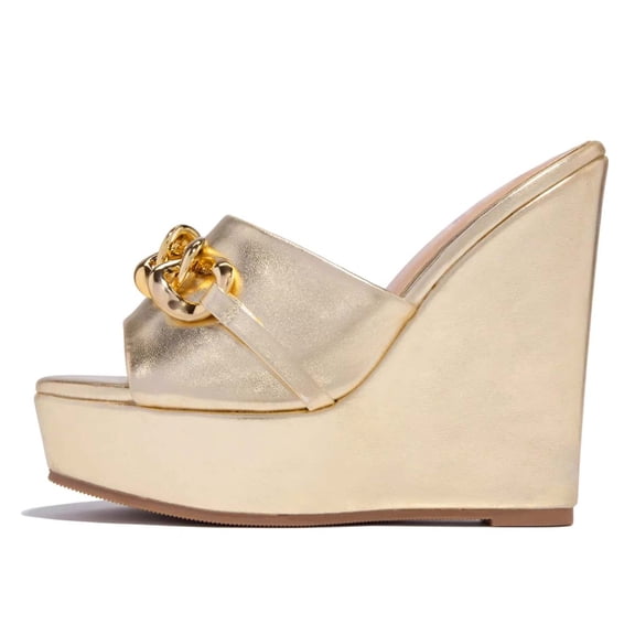 XYD Women Gold Chain Wedge Platform High Heel Mule Slides Slip On Open Toe Sandals Party Wedding Dress Shoes Size 4 Gold