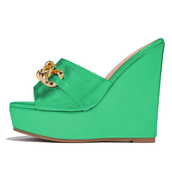 XYD Women Gold Chain Wedge Platform High Heel Mule Slides Slip On Open Toe Sandals Party Wedding Dress Shoes Size 7 Green