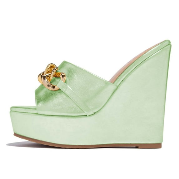 XYD Women Gold Chain Wedge Platform High Heel Mule Slides Slip On Open Toe Sandals Party Wedding Dress Shoes Size 7 Pale Green