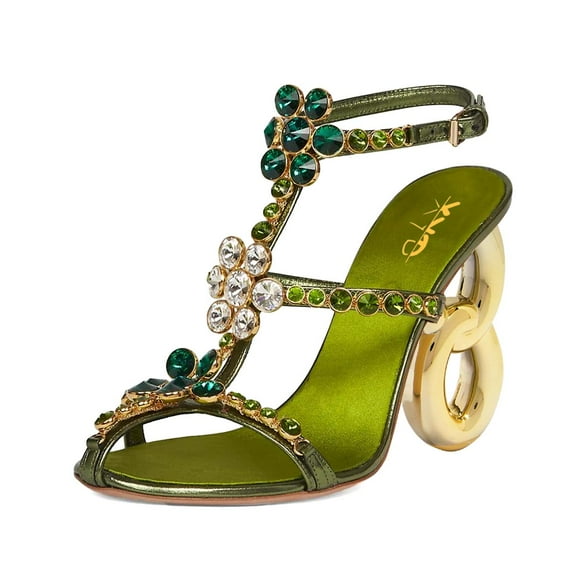 XYD Women Gorgeous Caged Open Toe Sandals Metal Chain High Heel Rhinestones Crystal Strappy Pumps Dress Shoes Size 7 Green