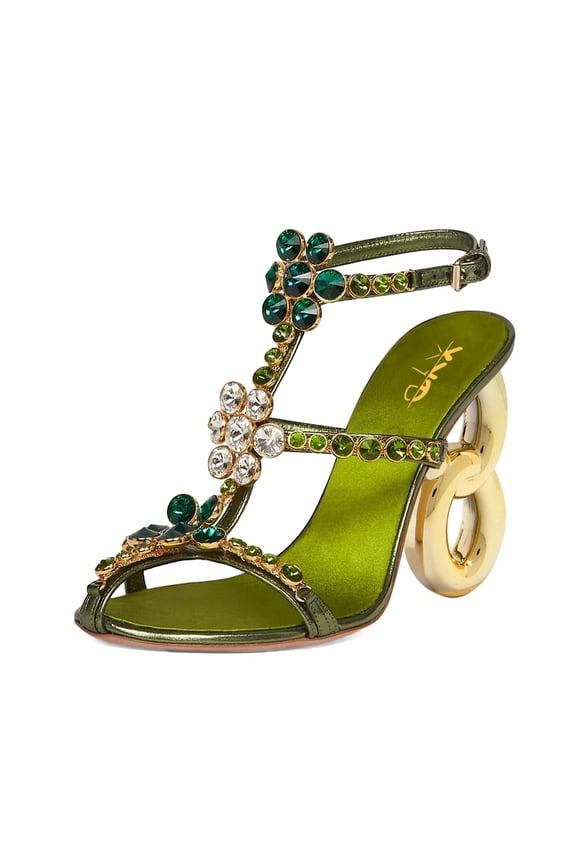 Women Gorgeous Caged Open Toe Sandals Metal Chain High Heel Rhinestones Crystal Strappy Pumps Dress Shoes Size 8 Green