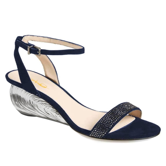 XYD Women Gorgeous Shell Low Wedge Heels Open Toe Strappy Rhinestone Sandals Prom Evening Dressy Shoes Size 10.5 Dark Navy