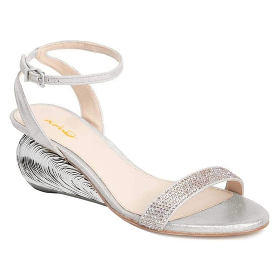 XYD Women Gorgeous Shell Low Wedge Heels Open Toe Strappy Rhinestone Sandals Prom Evening Dressy Shoes Size 10 Silver
