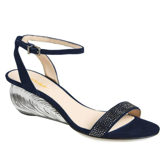XYD Women Gorgeous Shell Low Wedge Heels Open Toe Strappy Rhinestone Sandals Prom Evening Dressy Shoes Size 4 Dark Navy
