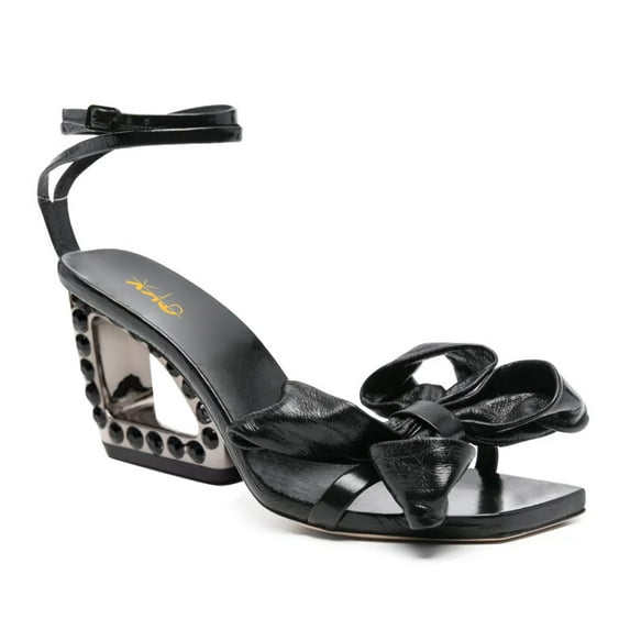 XYD Women Graceful Bowknot Open Square Toe Sandals Crystal Studs Chunky High Heels Evening Dressy Wedding Shoes Size 6.5 Black