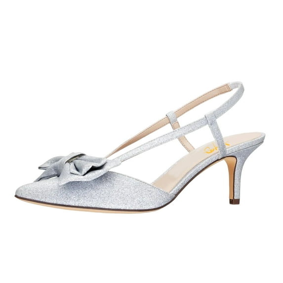 XYD Women Graceful Bridal Mid Heel Slingback Sandals Slip On Bowknot Pointed Closed Toe Pump Shoes Size 7 Silver