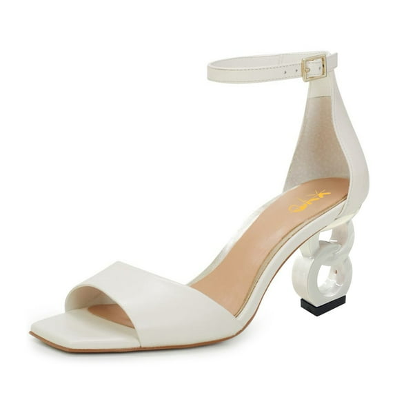 XYD Women Graceful Chic Chain Mid Heel Square Open Toe Buckled Ankle Strap Sandals Office Party Dressy Shoes Size 13.5 White