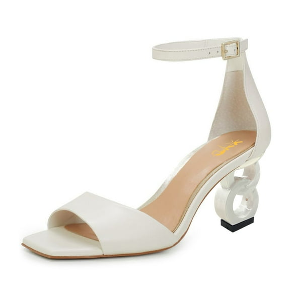XYD Women Graceful Chic Chain Mid Heel Square Open Toe Buckled Ankle Strap Sandals Office Party Dressy Shoes Size 14.5 White