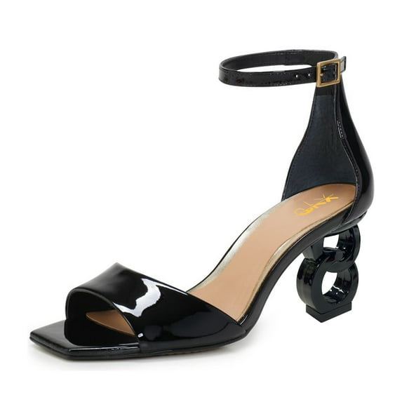 XYD Women Graceful Chic Chain Mid Heel Square Open Toe Buckled Ankle Strap Sandals Office Party Dressy Shoes Size 7 Black