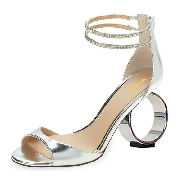 XYD Women Graceful Crystal Ankle Straps Open Peep Toe Sandals Back Zipper Chic Round Circle High Heel Party Shoes Size 10.5 Silver