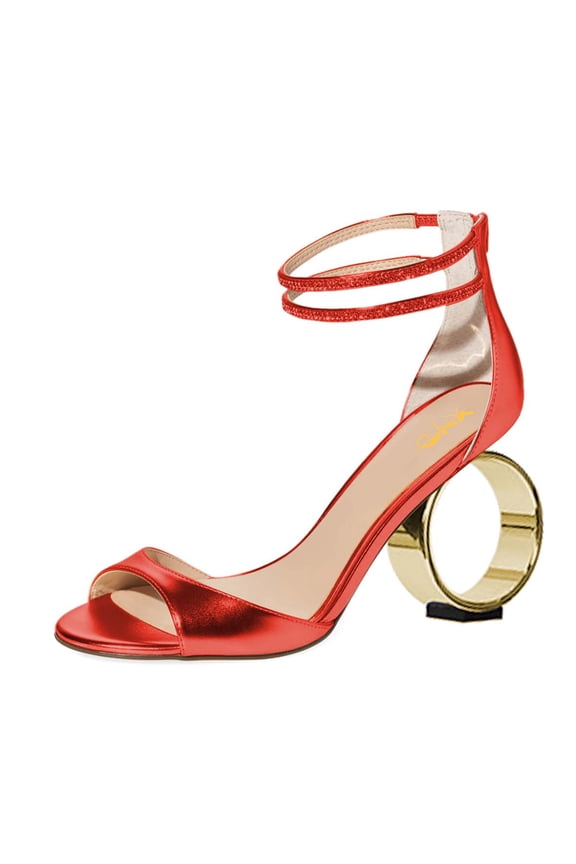 Women Graceful Crystal Ankle Straps Open Peep Toe Sandals Back Zipper Chic Round Circle High Heel Party Shoes Size 10 Red