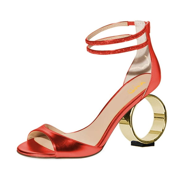 XYD Women Graceful Crystal Ankle Straps Open Peep Toe Sandals Back Zipper Chic Round Circle High Heel Party Shoes Size 11 Red